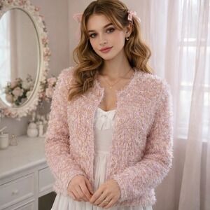 Y2K Pink Fuzzy Eyelash Knit L Cardigan Sweater Jacket DEFT Pink Coquette Girl